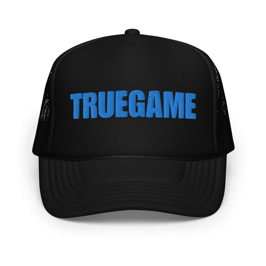 Black True Game Trucker Hat w/ Blue Logo