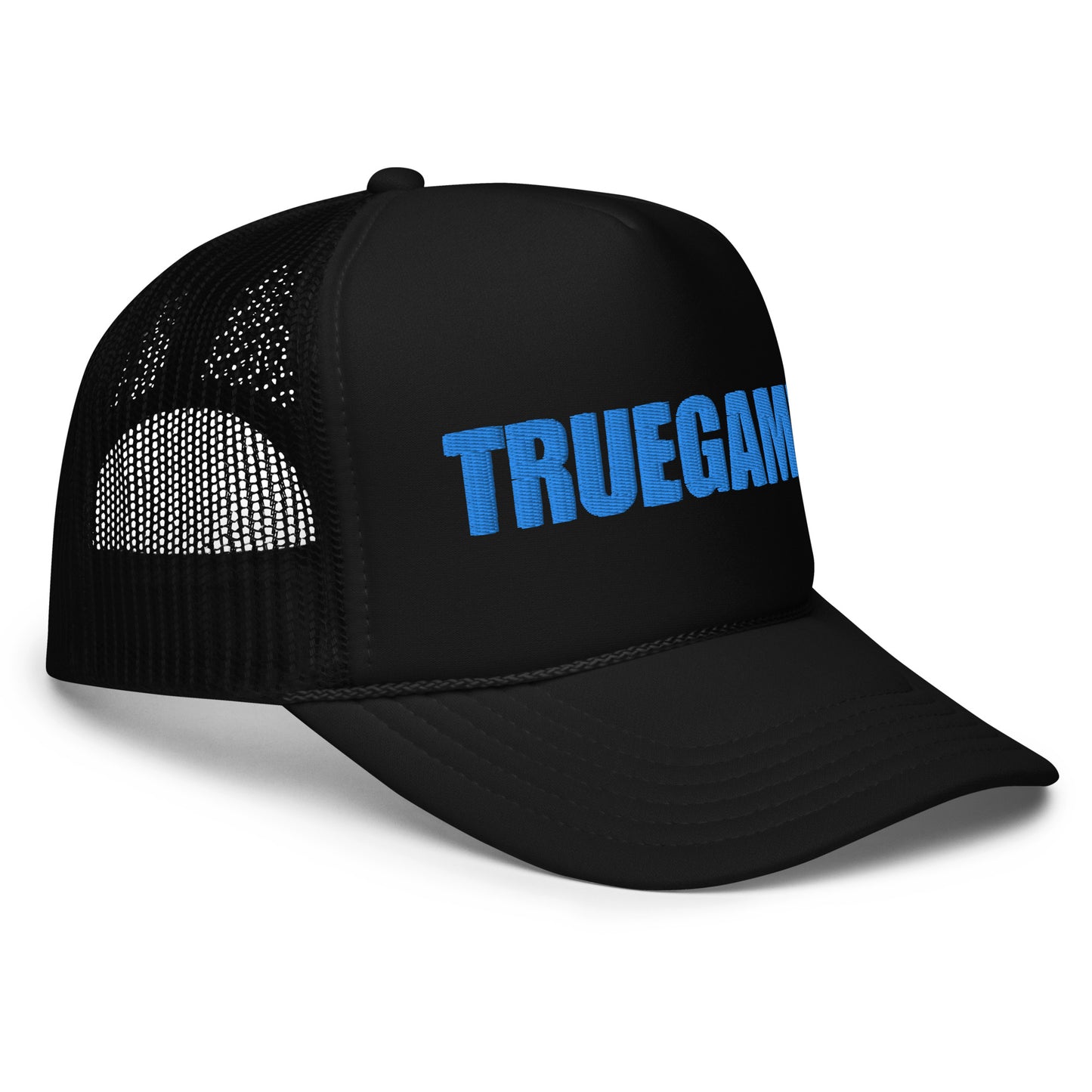 Black True Game Trucker Hat w/ Blue Logo