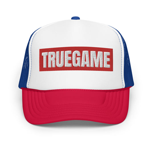 Red and Blue True Game Trucker Hat w/ Red/White Logo