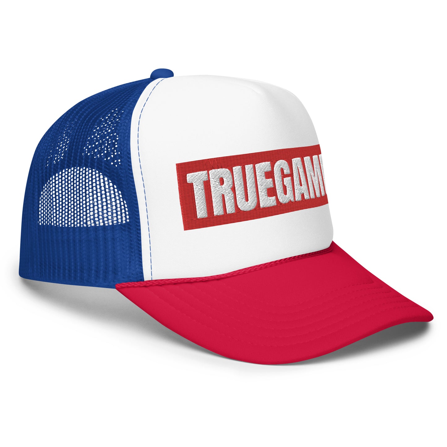 Red and Blue True Game Trucker Hat w/ Red/White Logo
